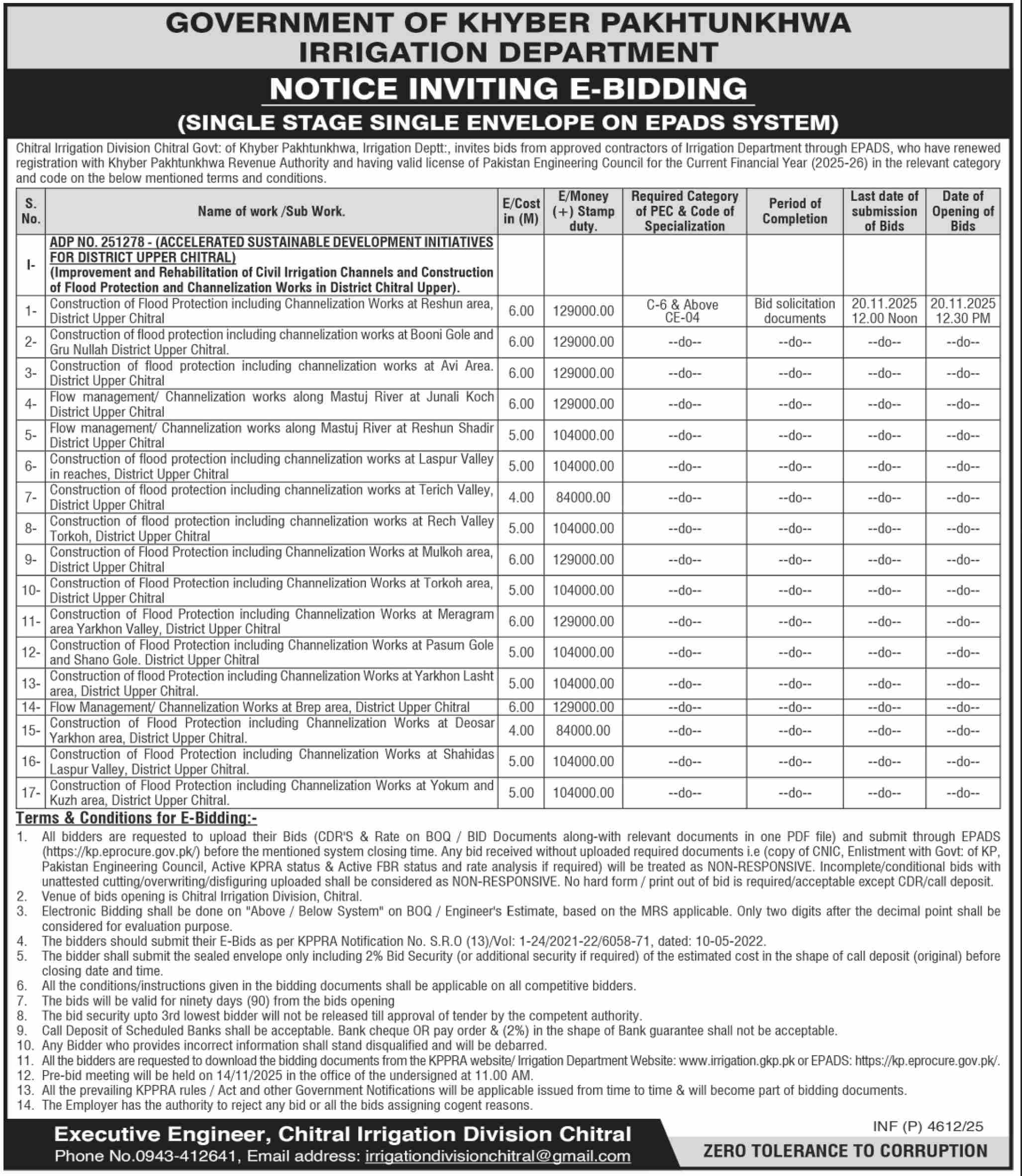 Irrigation Department Chitral Tender Notice